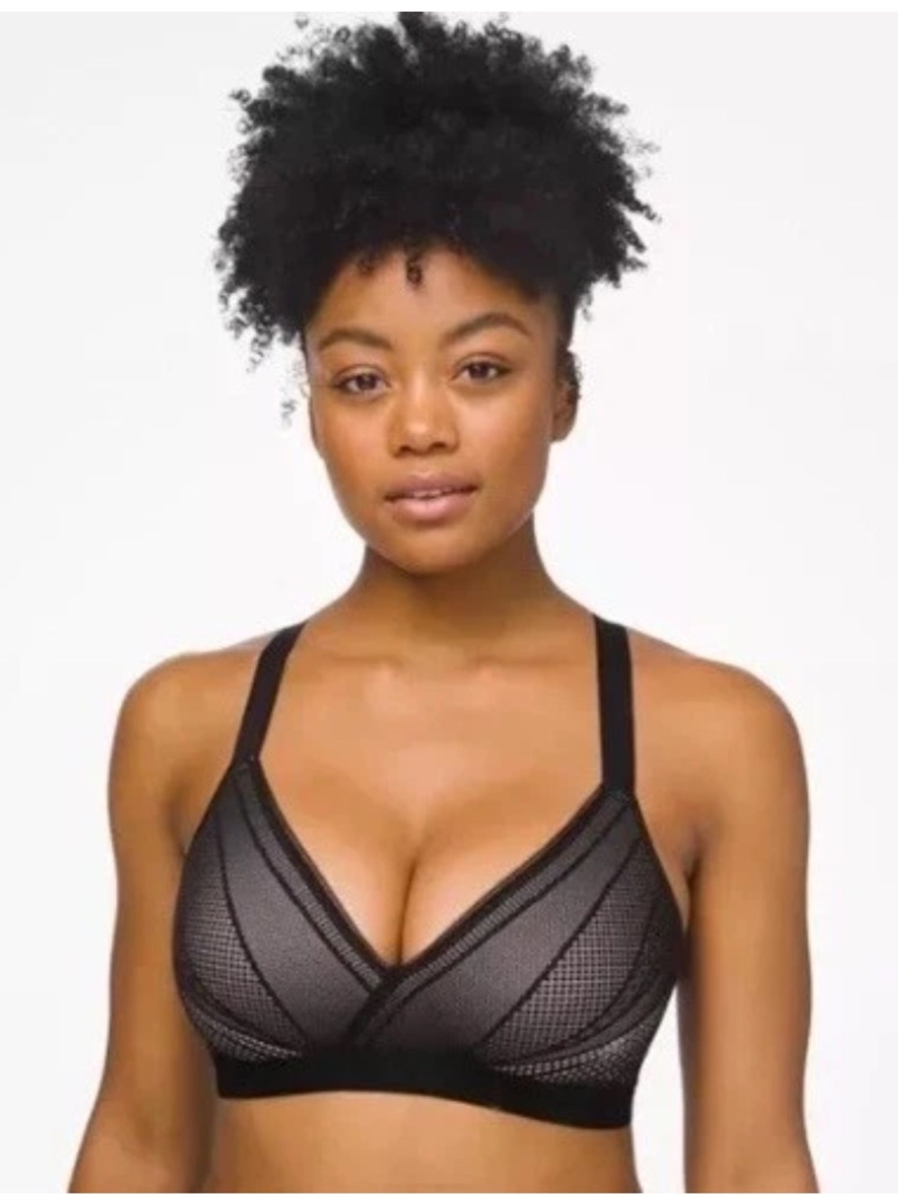 Lululemon Awake To Lace Bra 32D Black Beige V-Neck Mesh Hook-and-Eye Closure